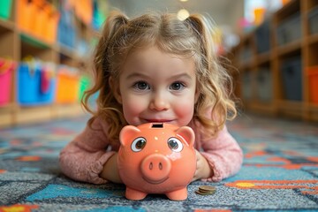 Obraz premium Cheerful Toddler Girl Holding Orange Piggy Bank in Colorful Preschool Classroom with Copy Space