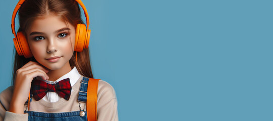 A schoolgirl in headphones and a school uniform.