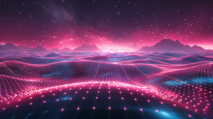 Neon Grid Plains: Abstract 3D Flat Icon of Bright Neon Grids Stretching Across Isometric Digital World