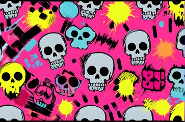Punk pop rock style skull elements with colorful abstract background, seamless mosaic pattern. Vector illustration. Generative AI
