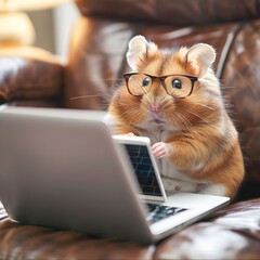 Fototapeta premium an adorable hamster wearing glasses, sitting on an office chair, working on a laptop and using a smartphone