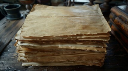   A stack of brown paper bags sits on a wooden table Nearby, a cup and a wooden table are also present
