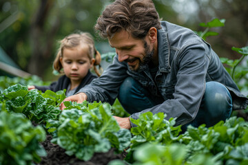 Family planting vegetables in their garden using upcycled materials for planters, adopting a zero waste life.. AI generated.