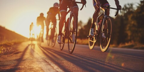 Energetic cyclists catching sunlight as they race down a scenic road during golden hour, showcasing the beauty and intensity of the sport