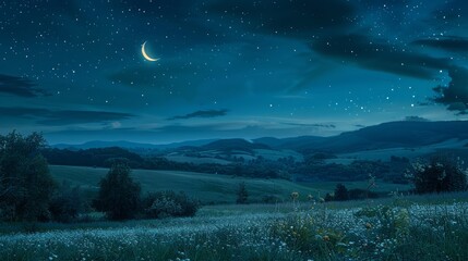 A field of grass with a crescent moon in the sky. The sky is dark and the moon is the only light source