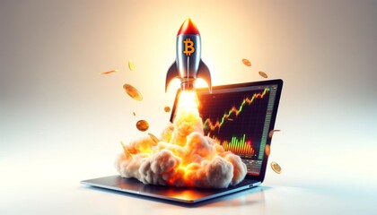 Bitcoin rocket launching from a laptop on a light background.