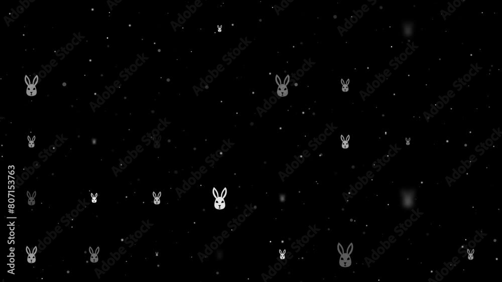 Poster template animation of evenly spaced cute hare head symbols of different sizes and opacity. animation