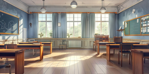 Classroom Floor: Featuring desks, chairs, a whiteboard or chalkboard, and educational materials for students