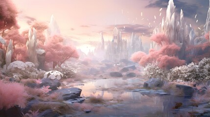 Fantasy landscape with river, fog and clouds. 3d illustration