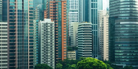 An urban jungle scene where modern architecture meets the lush greenery in a densely packed city skyline