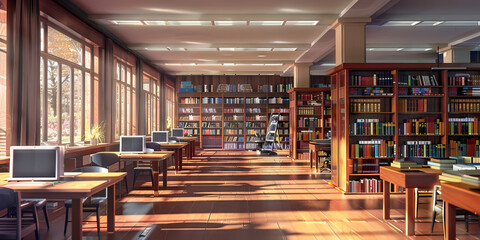 Library Floor: Displaying bookshelves, study tables, reading nooks, and computer stations for research