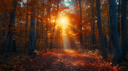 Fototapeta premium A forest path is illuminated by the sun, casting a warm glow on the leaves. The scene is peaceful and serene, with the sunlight filtering through the trees and creating a beautiful, natural atmosphere