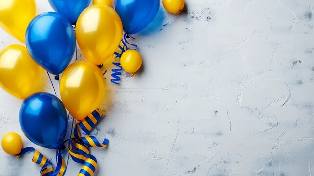   A white surface is adorned with several blue and yellow balloons and streamers A blue and yellow striped ribbon completes the setup