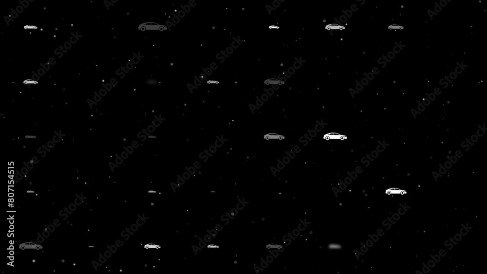Poster template animation of evenly spaced car symbols of different sizes and opacity. animation of transpa