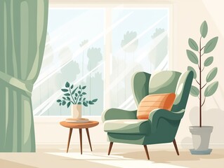 Illustration of a tranquil reading nook with a comfortable green armchair and wooden side table, positioned by a sunny window. A potted tree adds a touch of nature