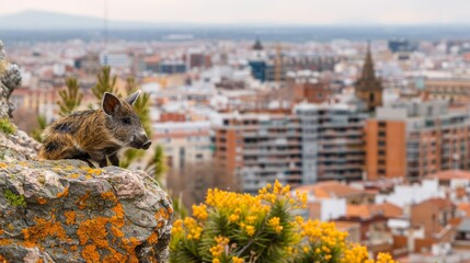   A small animal atop a city rock amidst towering skyscrapers