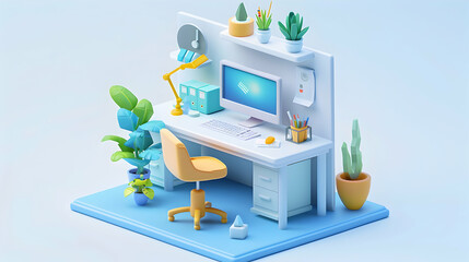 Remote Worker Optimizing Desk Setup for Productive Week: 3D Flat Icon Isometric Scene