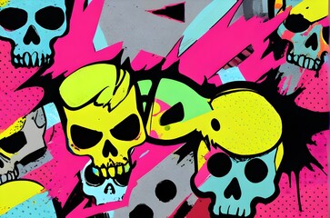 Punk pop rock style skull elements with colorful abstract background, seamless mosaic pattern. Vector illustration. Generative AI