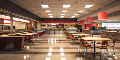 Cafeteria Floor: Featuring dining tables, serving counters, food stations, and trash/recycling areas