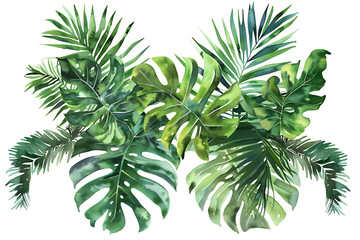 Watercolor painting realistic Green leaves of tropical plants bush (Monstera, palm, fern, rubber plant, pine, birds nest fern) floral arrangement isolated on white background.