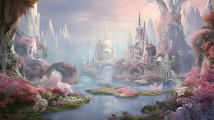 Fantasy Landscape with fantasy castles and pond. 3D rendering