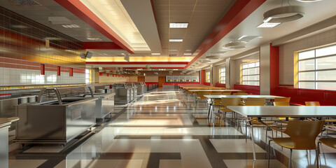 Obraz premium Cafeteria Floor: Featuring dining tables, serving counters, food stations, and trash/recycling areas