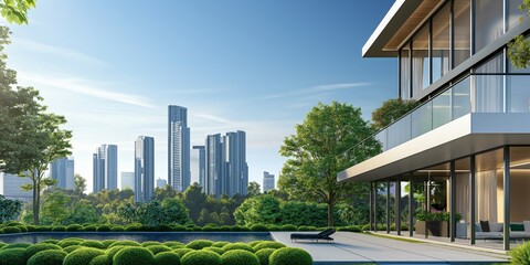 A modern luxurious house with a sleek swimming pool overlooks a scenic cityscape, embodying elegance and high-end living