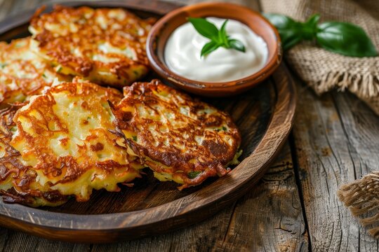 Potato dishes with yogurt or cream on wooden table Text space available