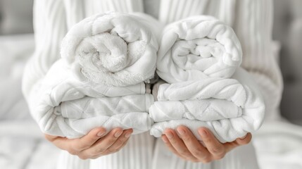   A person stands before a white bed, holding a stack of white towels The bed is dressed in white sheets
