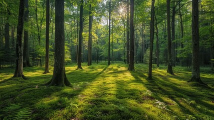 Obraz premium A forest with a lot of trees and grass. The sun is shining through the trees, creating a beautiful and peaceful atmosphere
