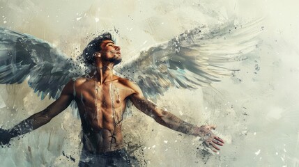 A beautiful and self-confident man takes off on wings. Collage art.