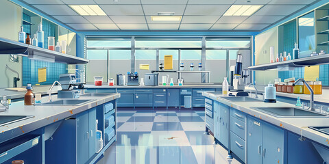 Science Laboratory Floor: Displaying lab benches, sinks, microscopes, and safety equipment for conducting experiments