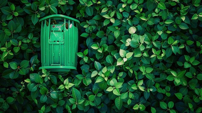 Recycling bin with green leaves background. The concept of ecology and environmental conservation of sustainable development resources