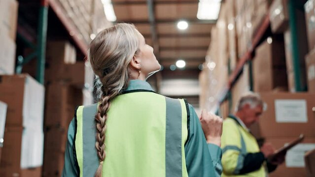 Back, woman and logistics in shipping warehouse, for inspection, check inventory or quality control. Business, cardboard box and female person for stock, supply chain or distribution in factory