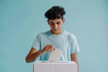 Young man carefully places his vote into a white ballot box at a polling station, symbolizing his active participation in the democratic election process