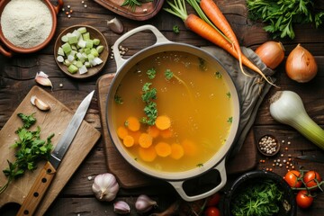Preparation of vegetable soup with parsnip and leek on rustic kitchen table top view frame