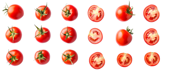 Set of tomatoes isolated on transparent background. Cutting out dessert elements. Top view high quality PNG." design elements, top view / flat lay