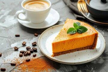 Pumpkin cheesecake and coffee on concrete