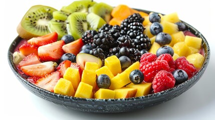 tropical fruit smoothie bowl on transparent background featuring sliced kiwi, blackberries, and strawberries in a black bowl