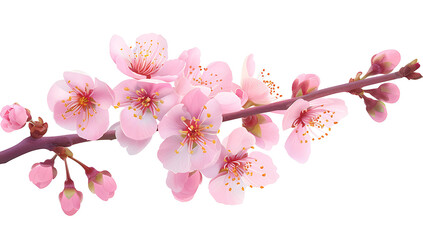 Beautiful pink cherry blossom flowers on a branch isolated on a white background