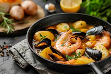 Seafood stew with potatoes shrimps herbs and fish in a pan on the table