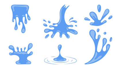 Water drops, sea and ocean waves set. Blue Liquid elements, cry droplet icons collection of splashes and fluid. Vector illustration isolated on white background