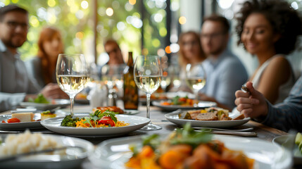 Professional Business Lunch Networking: Employee Engaging in Strategic Networking and Growth Discussions with Colleagues - Photo Realistic Business Stock Concept