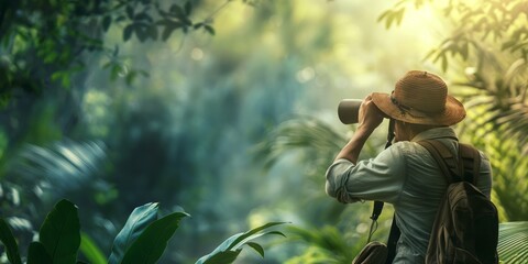 An adventurer in a straw hat peers through binoculars, observing wildlife amidst lush jungle foliage with light streaming through