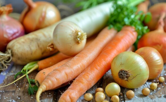 Seasonal vegetables on wooden surface Ingredients for soup Food preparation theme
