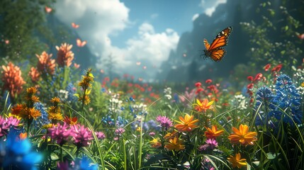 A butterfly is flying in a field of flowers. The scene is bright and colorful, with a mix of different types of flowers. The butterfly is the main focus of the image