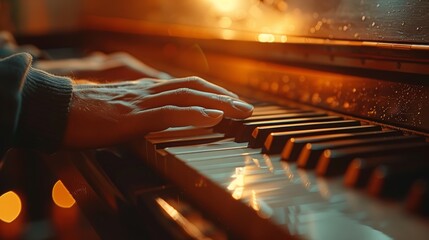 Close-up of a musician's hands gracefully playing a piano, illuminated by a warm, glowing light with a soft focus.
