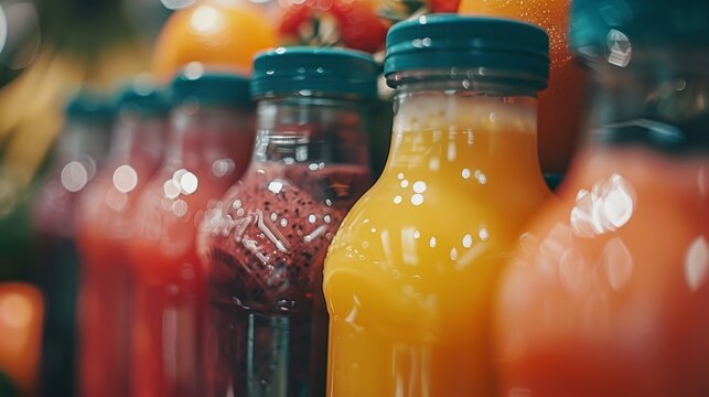 Vibrant fresh juice bar. Colorful smoothie selection. Healthy and delicious fruit drinks for sale