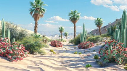 A desert scene with palm trees and cacti