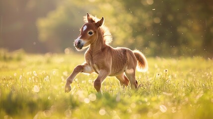 A playful baby horse gallops through a field on a sunny day.